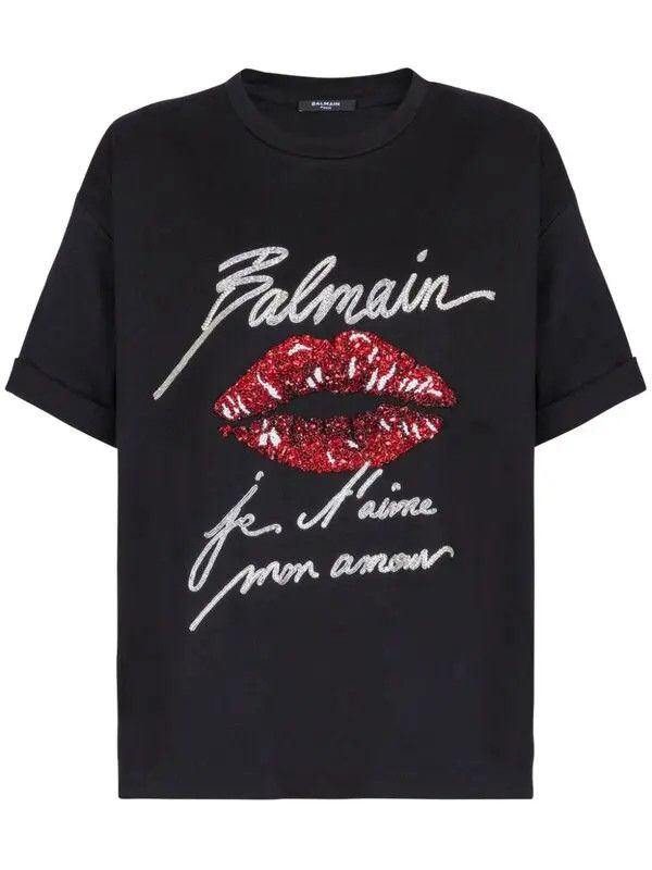 Balmain o1s1wg111225 Kiss-Print T-Shirt in Black Size XL / US 12-14 / IT 48-50 - 1 Thumbnail