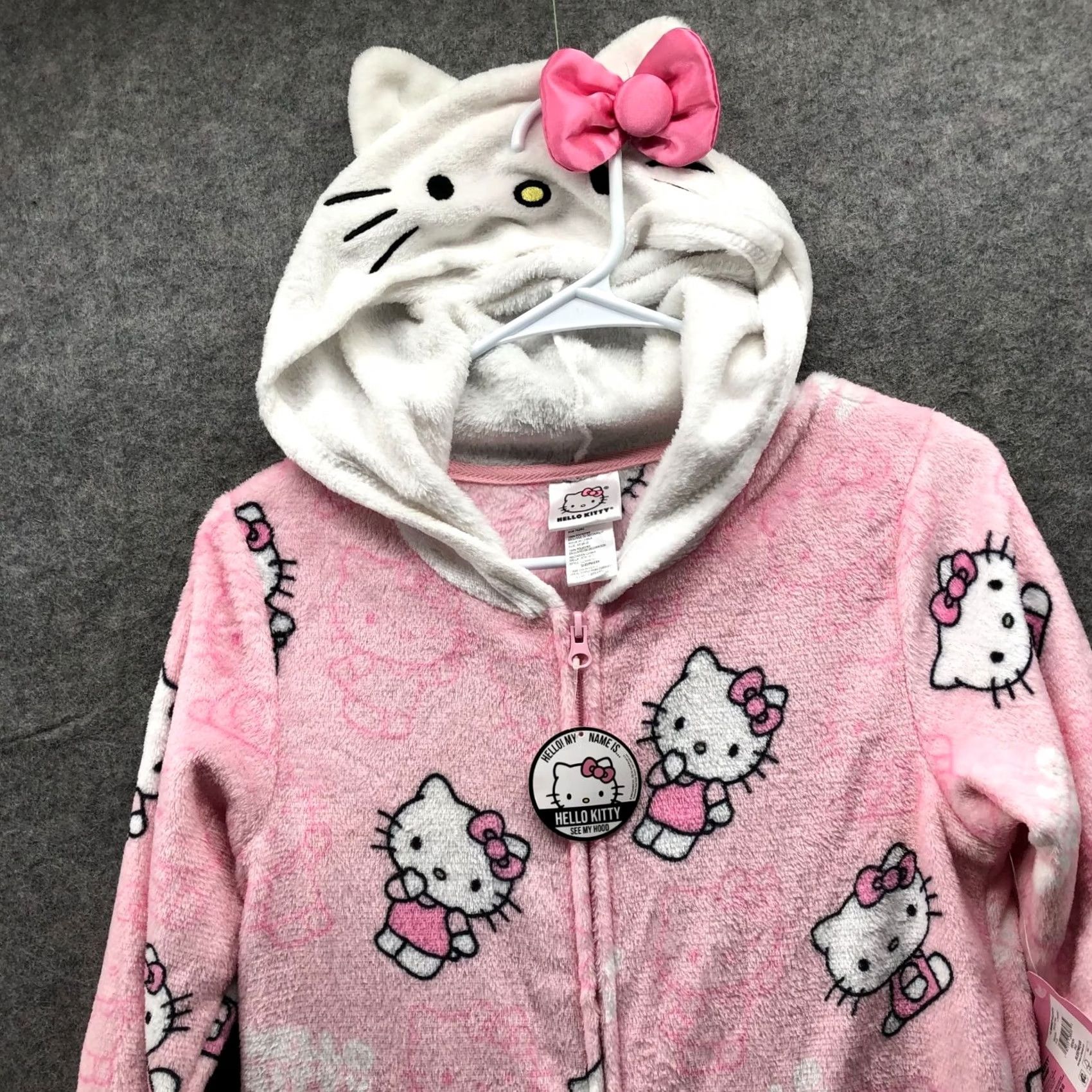 Vintage Hello Kitty Jumpsuit Womens XS Pink Plush Union Suit Pajama Hooded One Piece Size 26" / US 2 / IT 38 - 5 Thumbnail