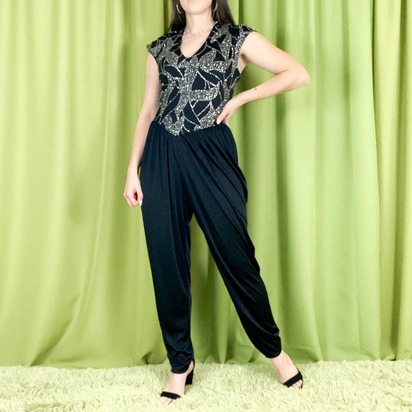 Vintage 80s Vintage Black Silver Glitter Cap Sleeve V Neck Jumpsuit Size 27" / US 4 / IT 40 - 1 Thumbnail