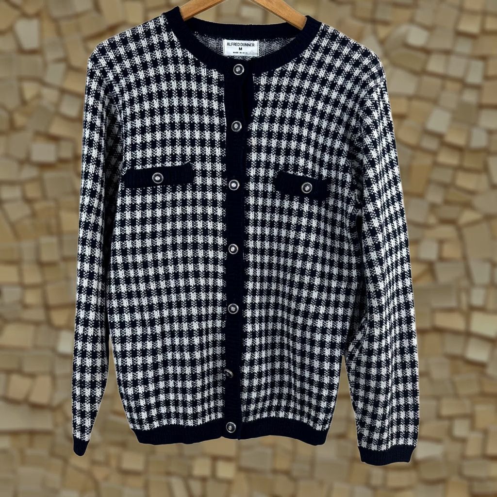 Vintage VINTAGE Alfred Dunner Navy White Houndstooth Cardigan Sweater Button Front Medium Womens Size M / US 6-8 / IT 42-44 - 1 Thumbnail