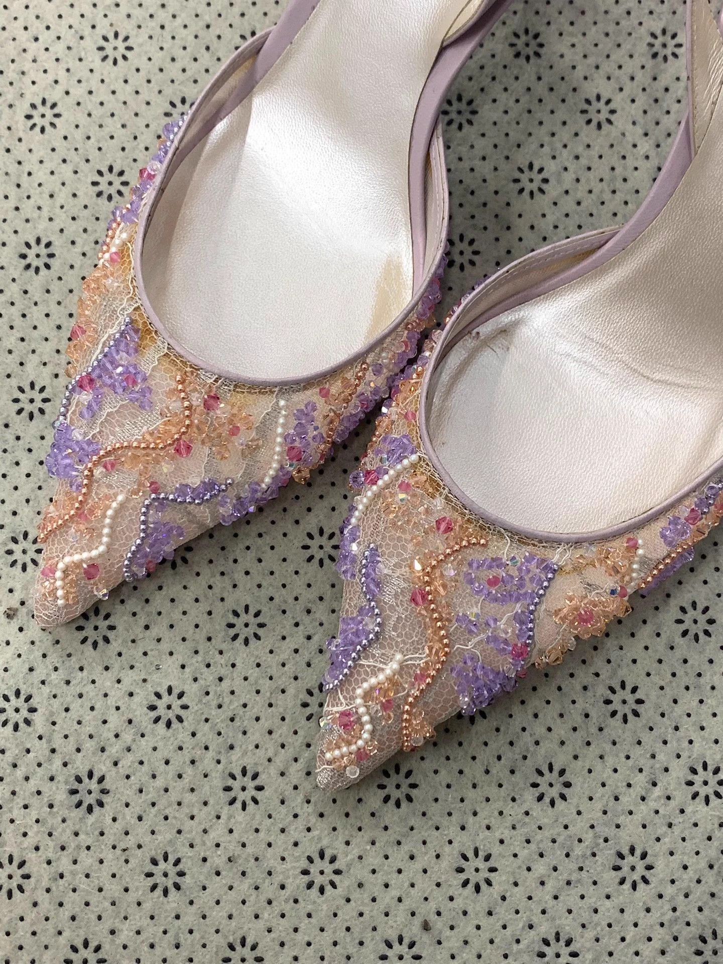 Roberto Cavalli RC Pink Purple Lace Beaded Heels EUR 36.5 New Size US 5 / IT 35 - 2 Thumbnail