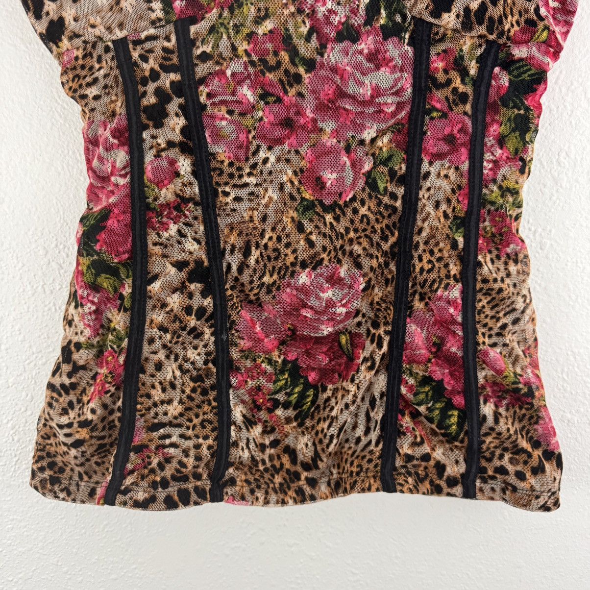 Other Vintage Y2K Tan Pink Leopard Rose Corset Mesh Cami Tank Top Size L / US 10 / IT 46 - 5 Thumbnail