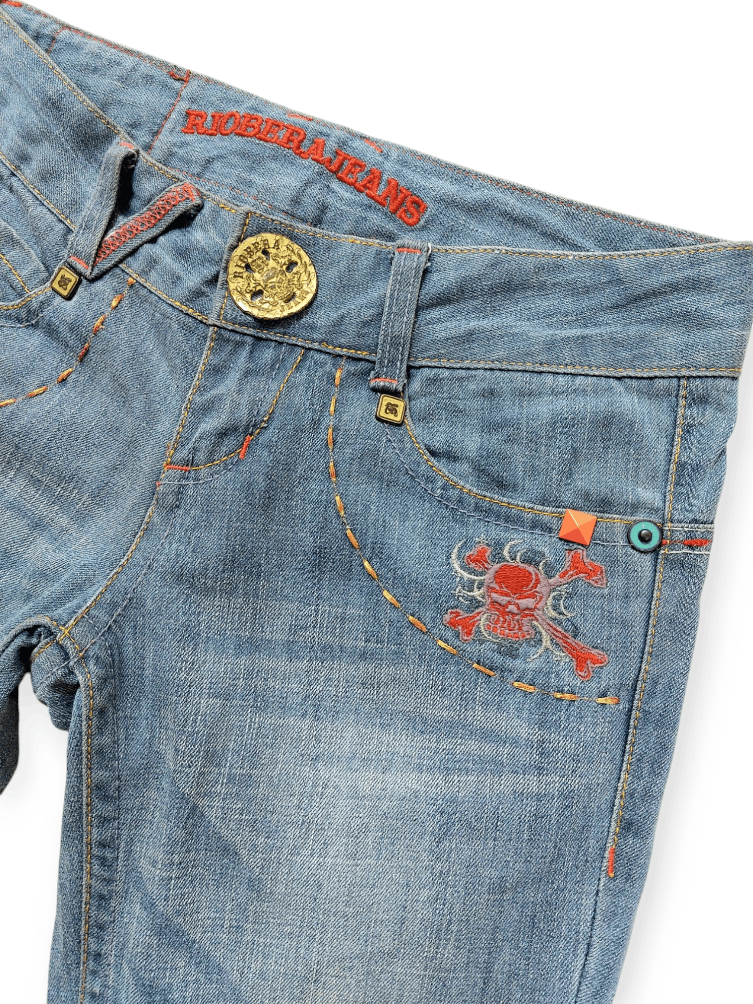 Vintage ☠️ Embroidery Skulls And Eagles Back Pocket Riobera Jeans Size 26" / US 2 / IT 38 - 6 Thumbnail