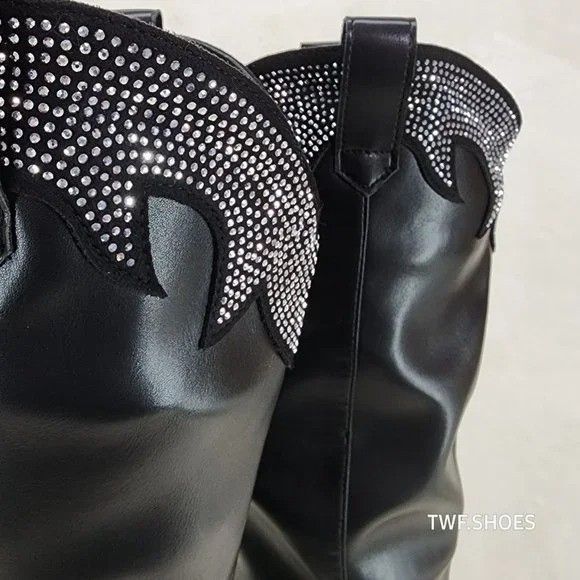 Other Country Western Sexy Black OTK Thigh Boots Rhinestone Trims Size US 11 / IT 41 - 7 Thumbnail