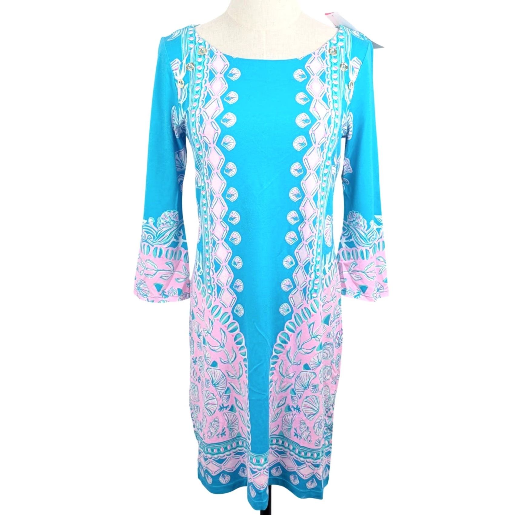 Lilly Pulitzer VINTAGE Lilly Pulitzer S Tana T Shirt Dress Vibrant Seashell Knit Coastal Retired Size XS / US 0-2 / IT 36-38 - 4 Thumbnail