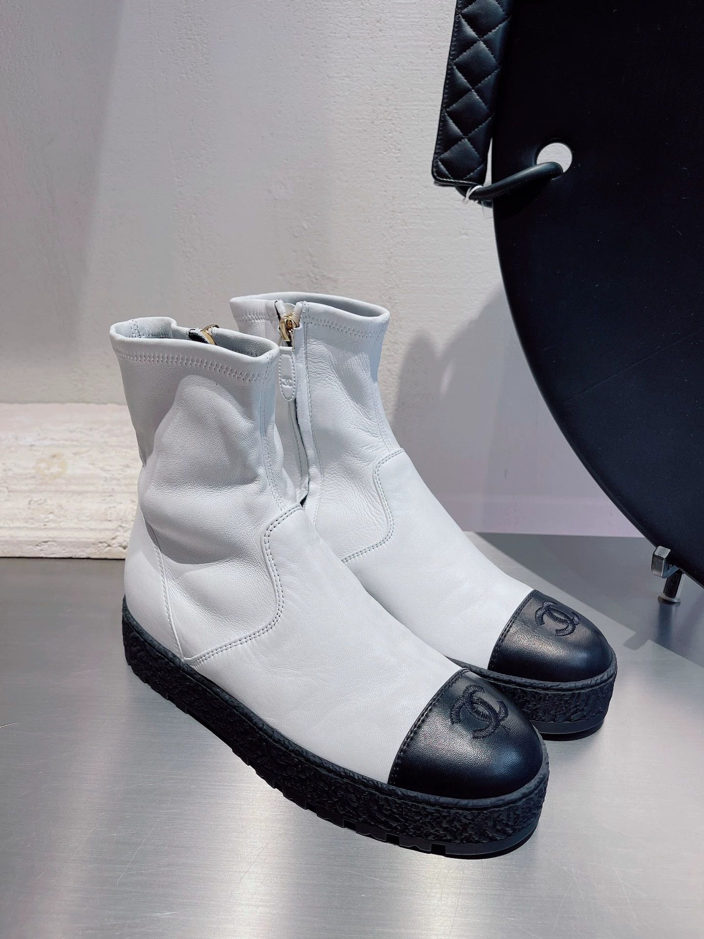 Chanel CHANEL New Black White Colorblock Short Boots 36.5 Size US 6 / IT 36 - 2 Thumbnail