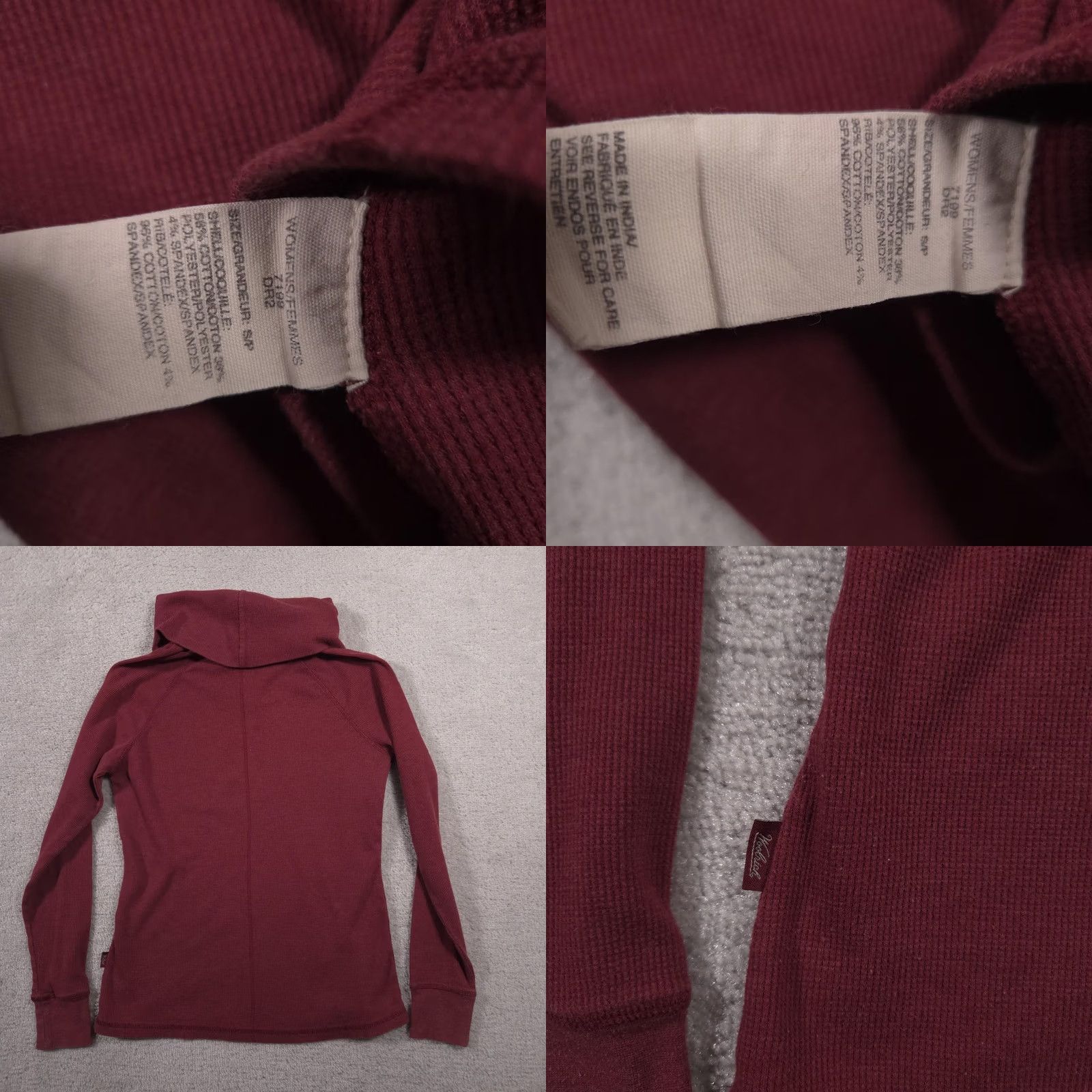 Vintage Woolrich Womens Small Burgundy Cowl Neck Thermal Waffle Knit Long Sleeve Shirt - Raglan, Cotton Blend, Stretch, Base Layer Size S / US 4 / IT 40 - 9 Thumbnail