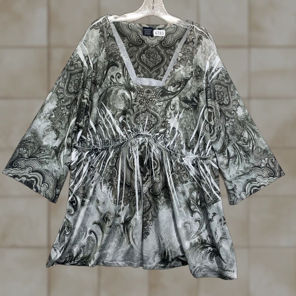 Faded Glory Faded Glory Tunic Blouse 3X Women Gray Geometric Boho Art 3/4 Sleeve Boat Neck Pullover Rhinestone Plus Size Ladies Fashion Size XXL / US 16-18 / IT 52-54 - 1 Thumbnail