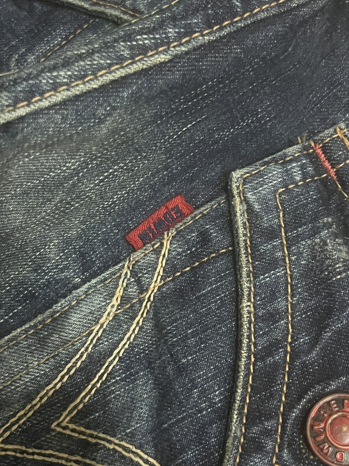 Number (N)ine Edwin 503 Japan Blue Trip Dark Blue Frayed Leg Flare Jeans Size US 30 / EU 46 - 9 Thumbnail