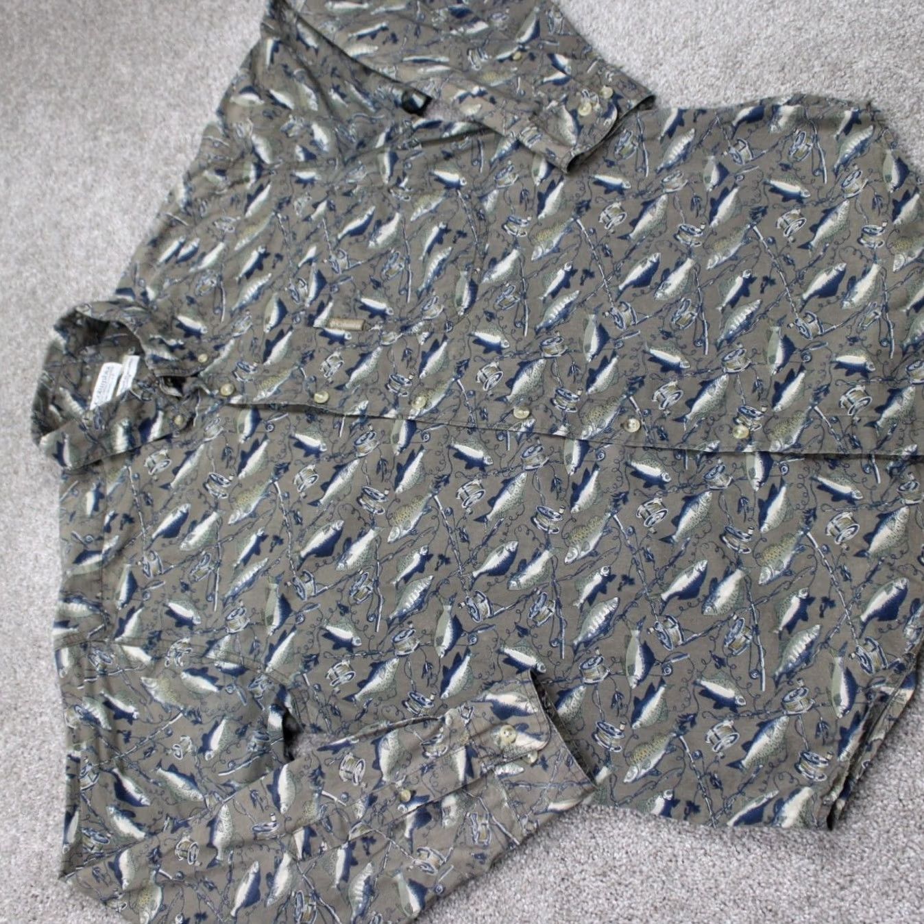 Vintage Columbia Mens Medium Gray/Blue Fish All Over Print Cotton Long Sleeve Shirt Size US M / EU 48-50 / 2 - 7 Thumbnail