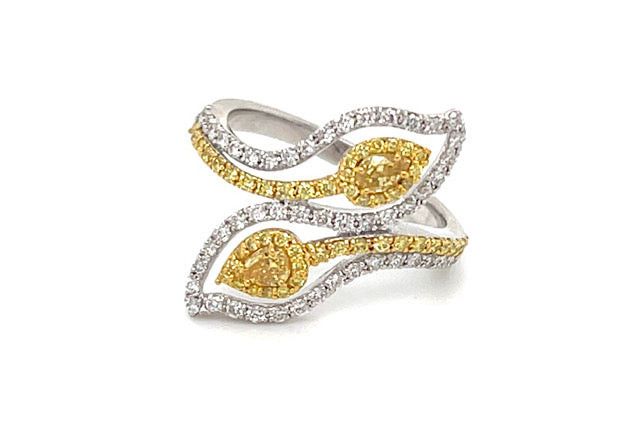 image of David Yurman Fancy Yellow & White Diamond Leaf Shape Bypass Ring In 18K White Gold, 0.90 Ctw, Women