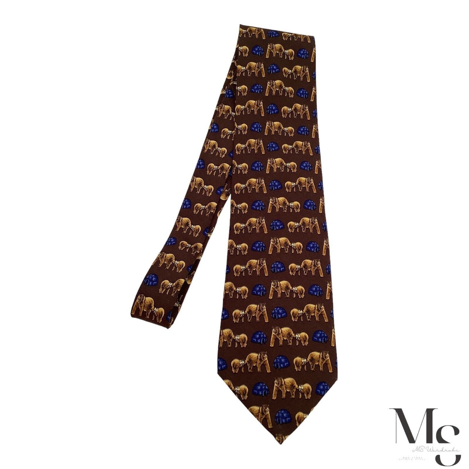 Yves Saint Laurent YVES SAINT LAURENT Brown Bear & Igloo Print Silk Tie Italy Size ONE SIZE - 6 Thumbnail
