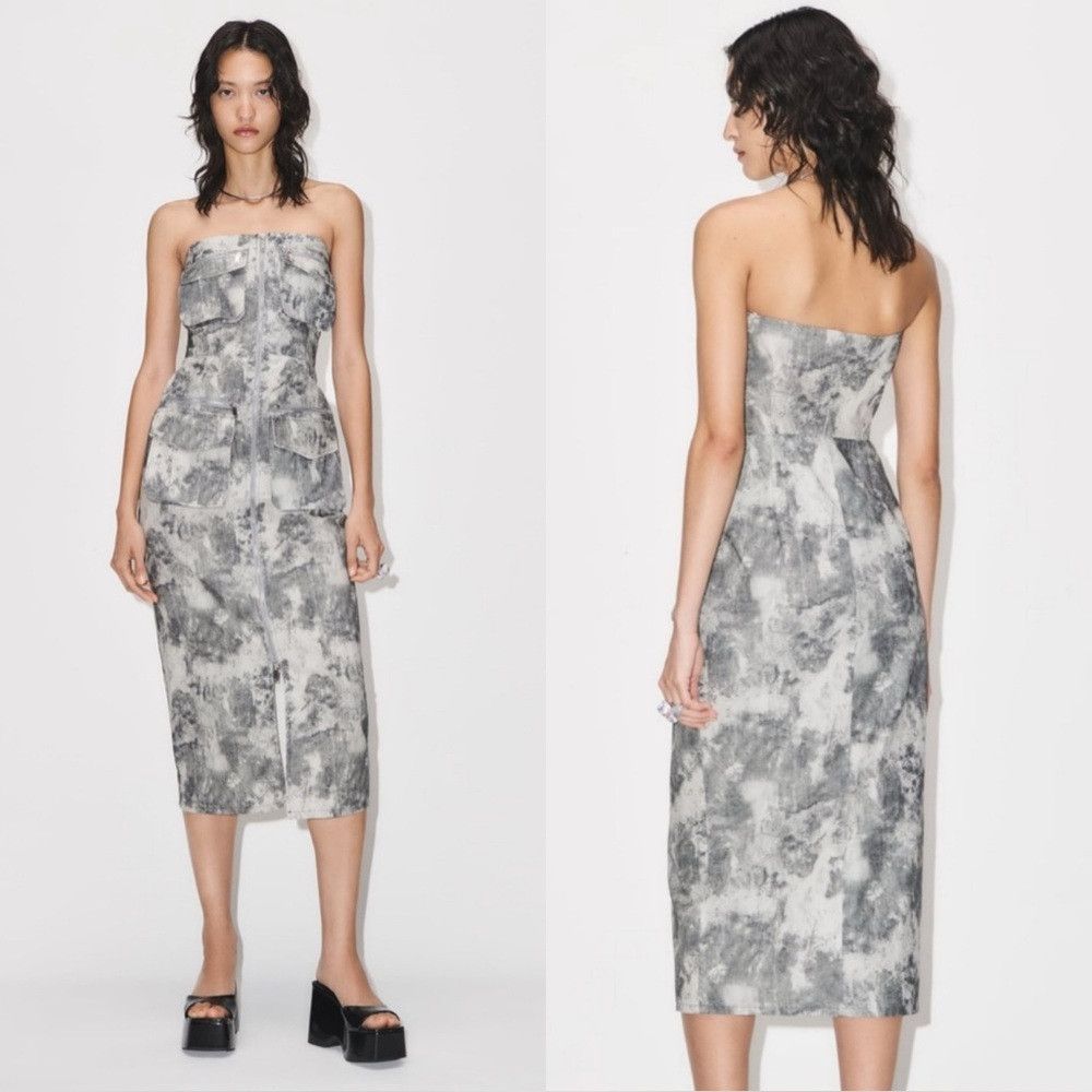 Zara NWT ZARA 100% Cotton Strapless Printed Cargo Midi Dress Size XS / US 0-2 / IT 36-38 - 8 Thumbnail