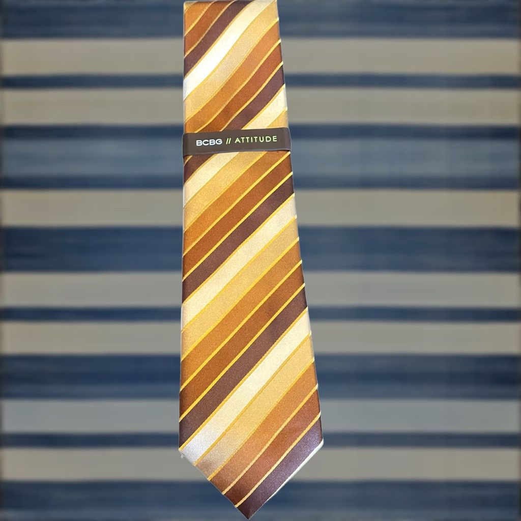Bcbgmaxazria VINTAGE? No — BCBG ATTITUDE Tie Men Brown Gold Striped 100% Silk Hand Sewn 57"-60" Classic Width Mens Size ONE SIZE - 1 Thumbnail