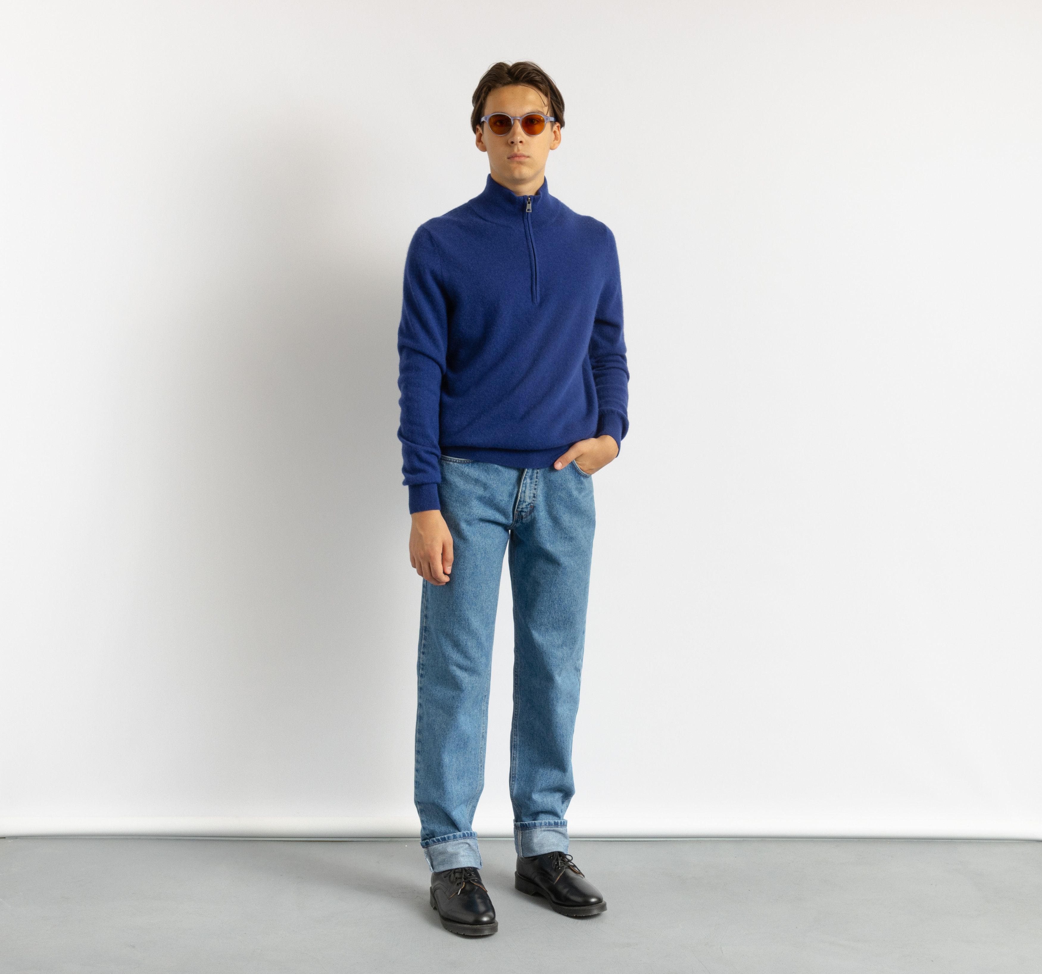 Vintage Unisex Cashmere Blue 1/4 Zip Turtleneck Sweater 8734 Size US M / EU 48-50 / 2 - 1 Thumbnail