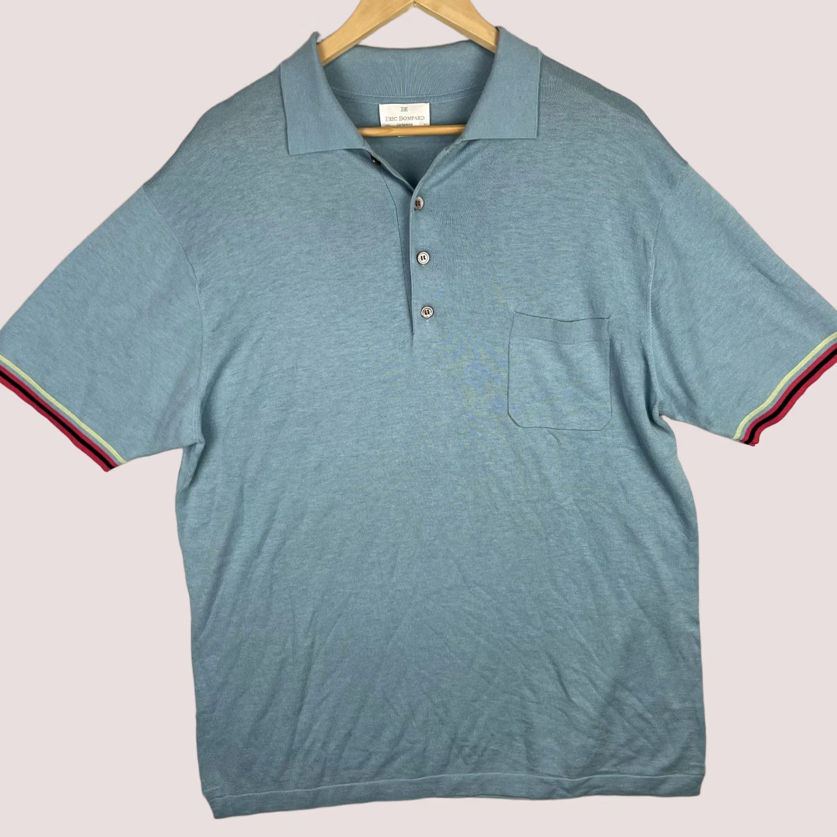 Vintage VINTAGE Eric Bompard Polo Shirt Mens XL Light Blue Cashmere Cotton Blend Striped Cuffs Size US XL / EU 56 / 4 - 1 Thumbnail