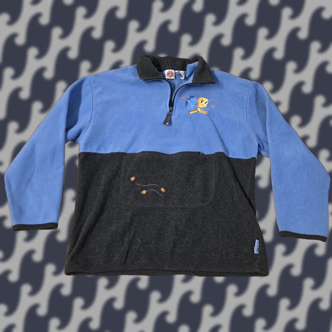 Tweety Bird Pullover Mens Large Blue Fleece 1/4 Zip Embroidered Looney Tunes Shirt