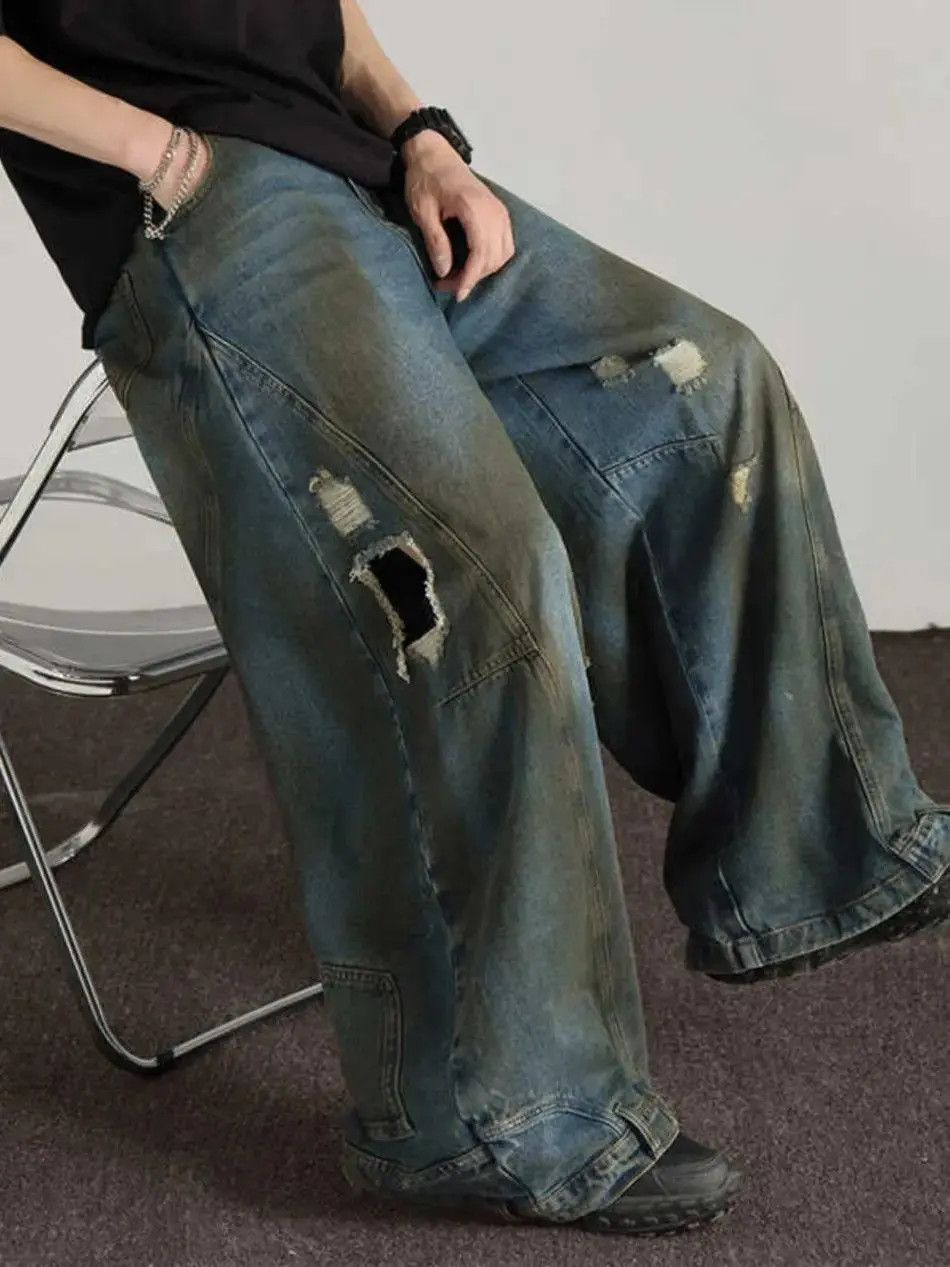 Japanese Brand Retro straight leg wide leg ripped jeans Size US 32 / EU 48 - 6 Thumbnail