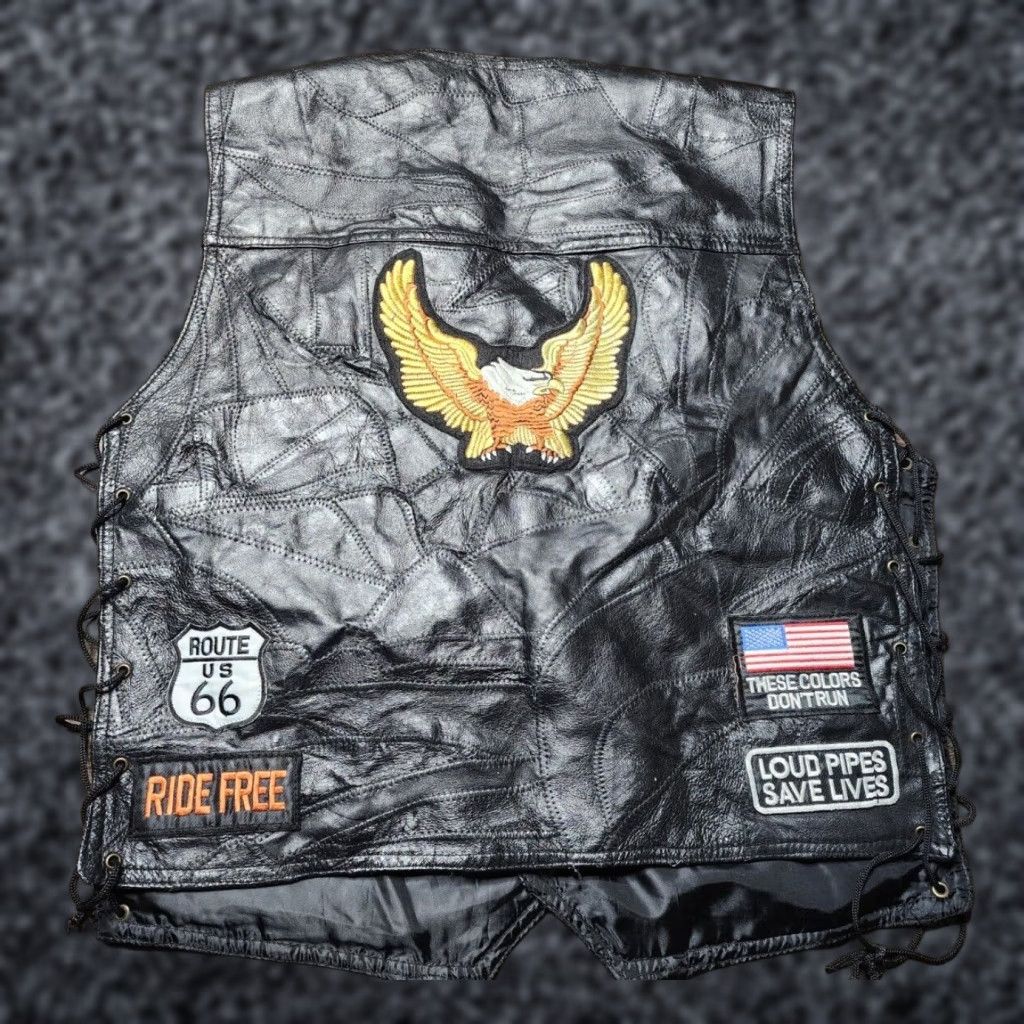 Route 66 Mens XXL Leather Biker Motorcycle Vest ROUTE 66 Eagle USA Patches Lace Up Sides Size US XXL / EU 58 / 5 - 1 Thumbnail