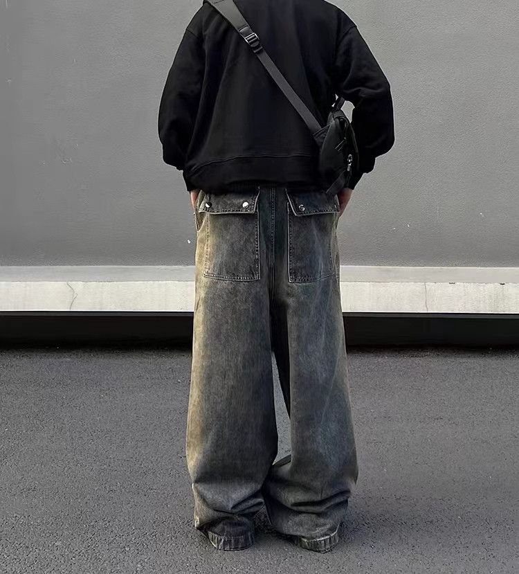 Japanese Brand × Jean Retro wash gradient drawstring work wide leg jeans Size US 31 - 2 Thumbnail