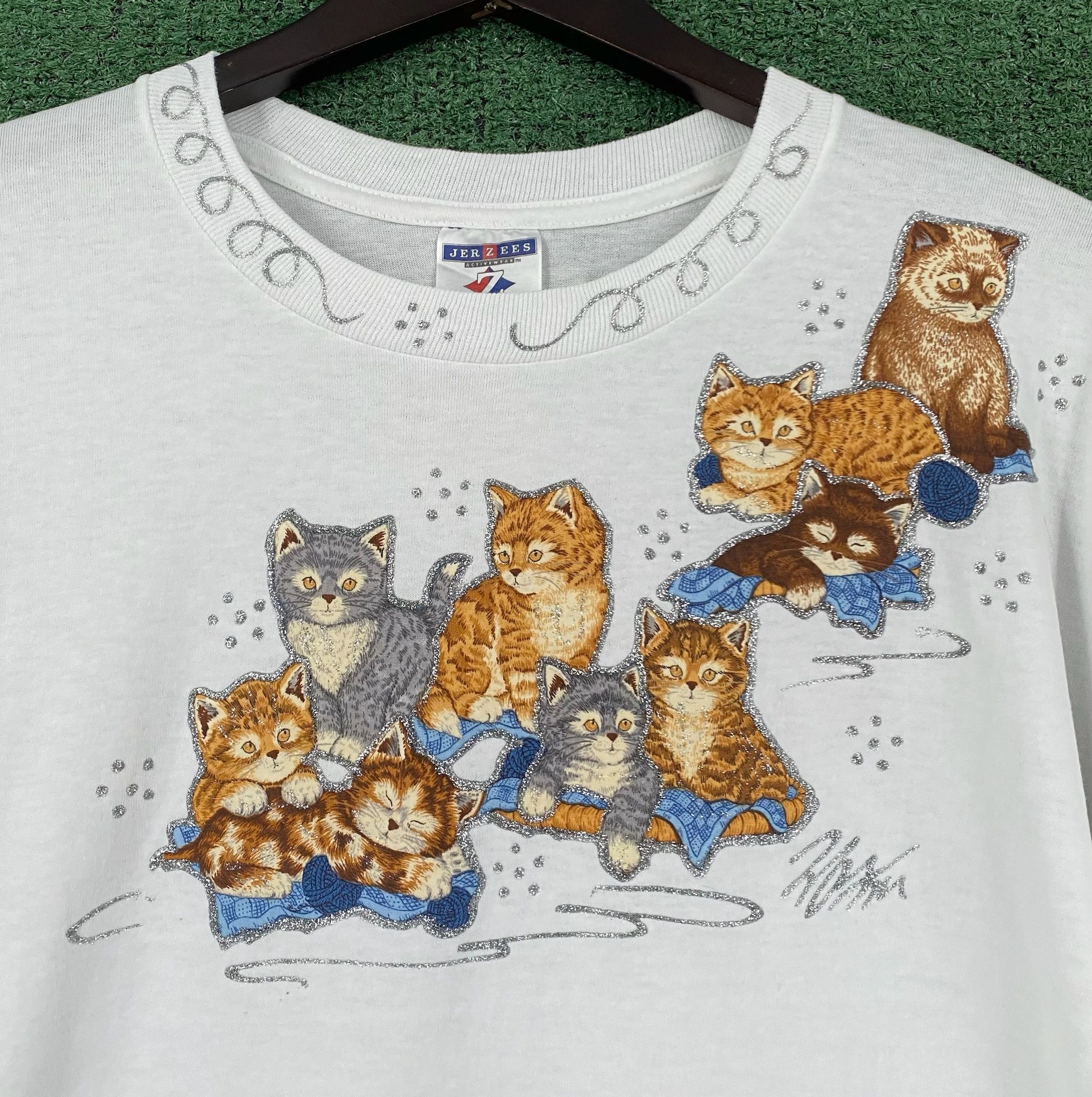 Jerzees 90’s Cat Kitten Glitter Handmade Double Sided T-Shirt XL Size XL / US 12-14 / IT 48-50 - 2 Thumbnail