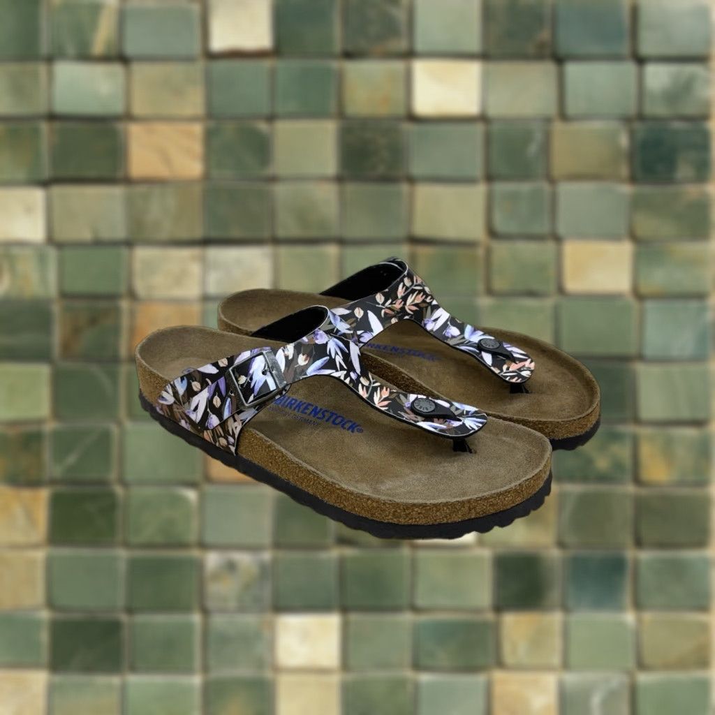 Birkenstock Sandals Gizeh Boho Flowers Blue Birkenstock Gizeh Floral  Sandals Blue Slip On Women's Size 10 Bohemian