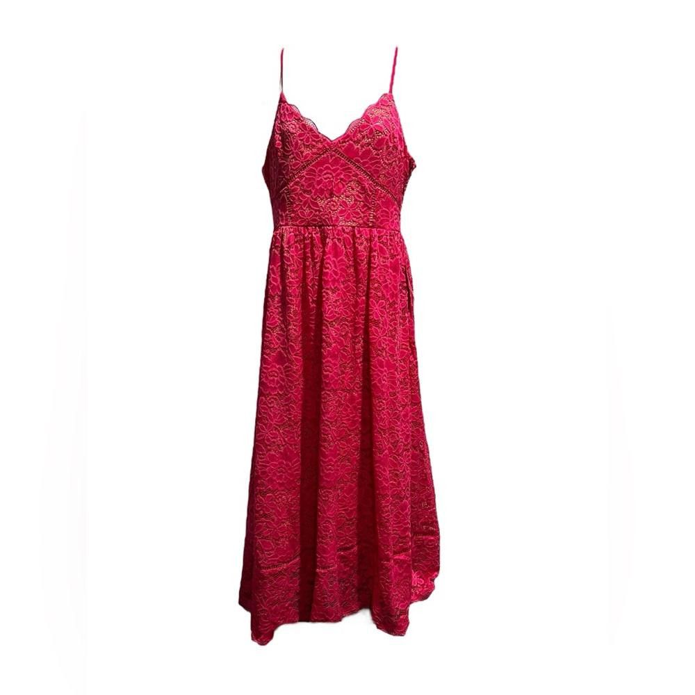 Designer NWT NSR magenta pink lace midi dress Size L / US 10 / IT 46 - 1 Thumbnail