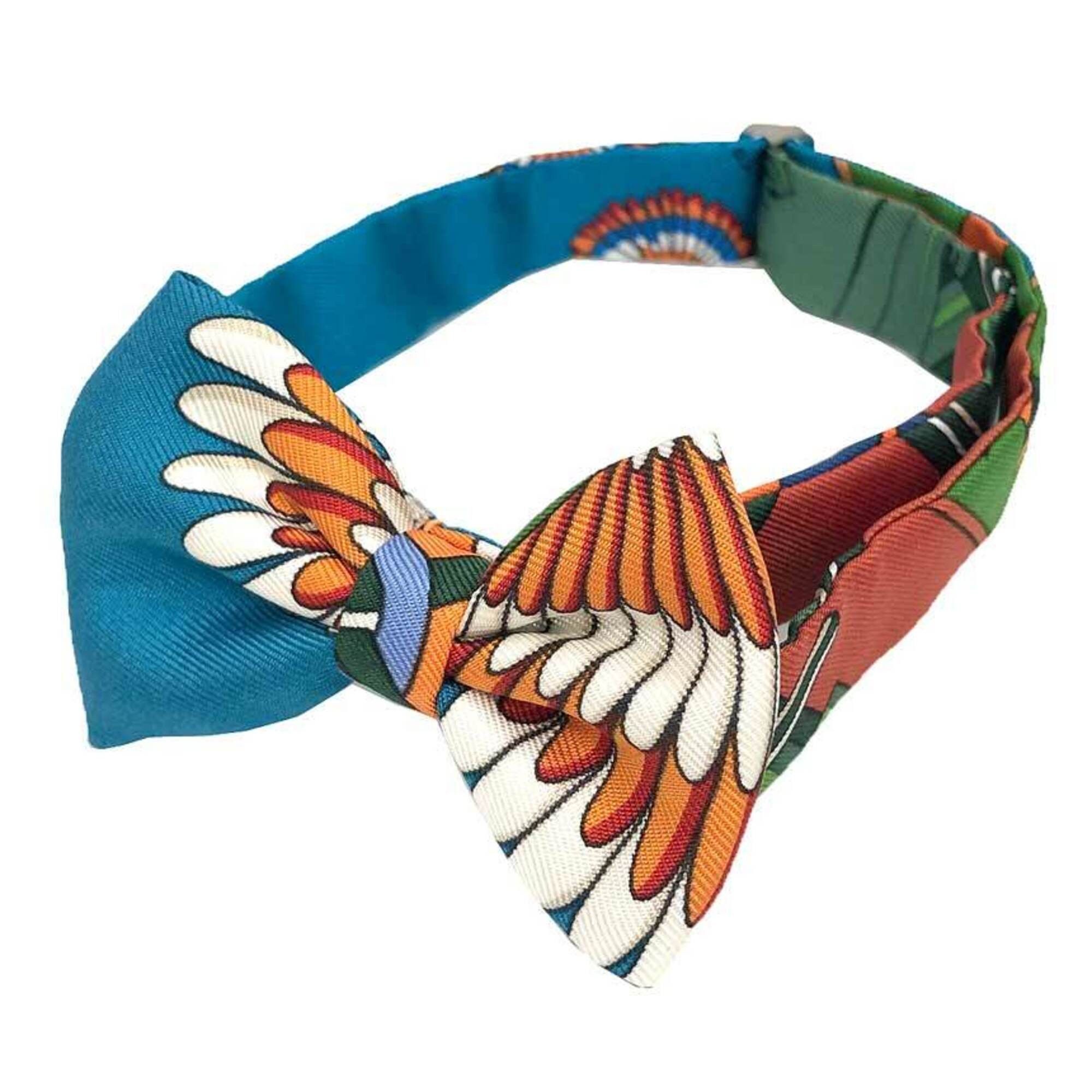 Hermes HERMES NOEUD PAPILLON Flots, Fleurs et Frontaux (Award Ribbon and Front Leather) Bow Tie Choker Bracelet Orange x Canard Vert Silk Men's Women's Size ONE SIZE - 1 Thumbnail