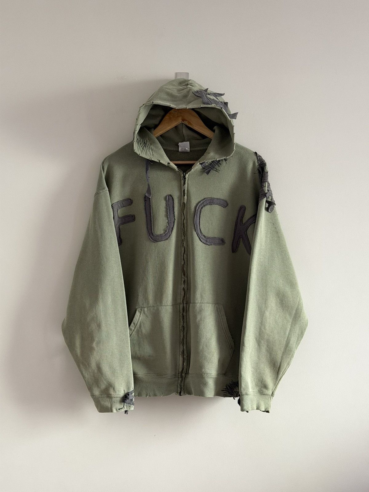 Vintage Custom Distressed Zip Hoodie “FUCK” Fruit of the Loom Base Size US L / EU 52-54 / 3 - 1 Thumbnail