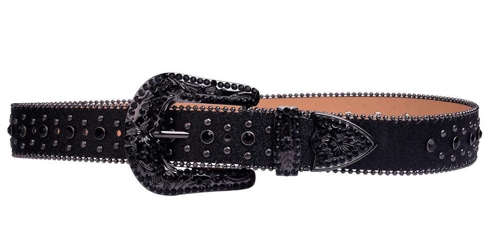 image of Man-Made Diamond Belt Western Cowboy Rhinestone Leather in Black, Men's