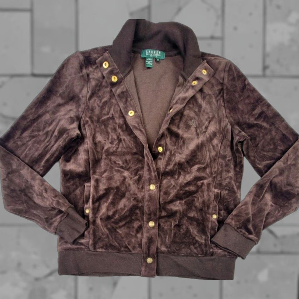 Ralph Lauren VINTAGE Lauren Ralph Lauren P/S Velour Track Jacket Brown Gold Snaps Button Mock Neck Size S / US 4 / IT 40 - 1 Thumbnail