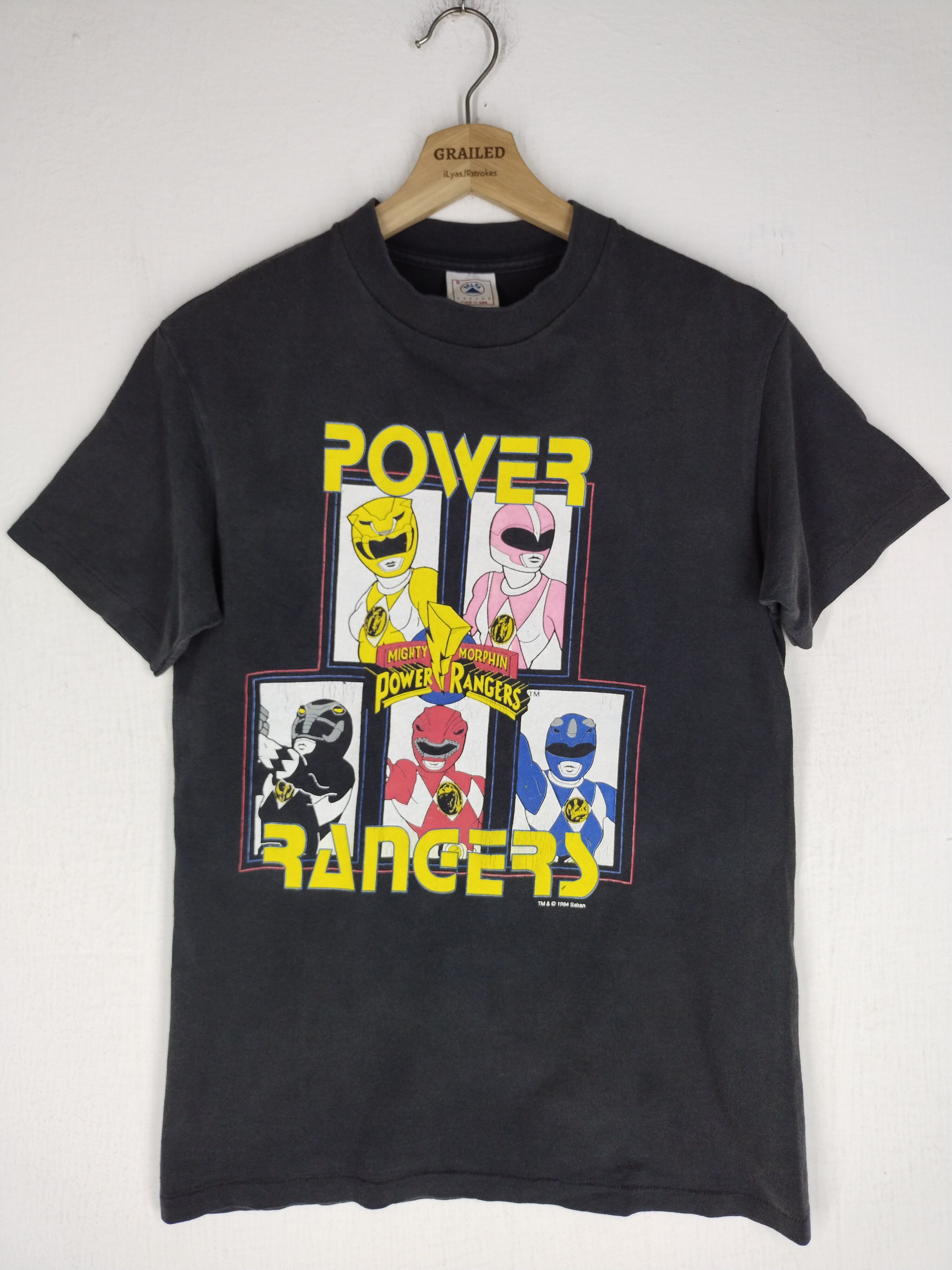 image of VTG 1994 Mighty Morphin Power Rangers Line Up The Movie Tee in Black, Men's (Size Small)