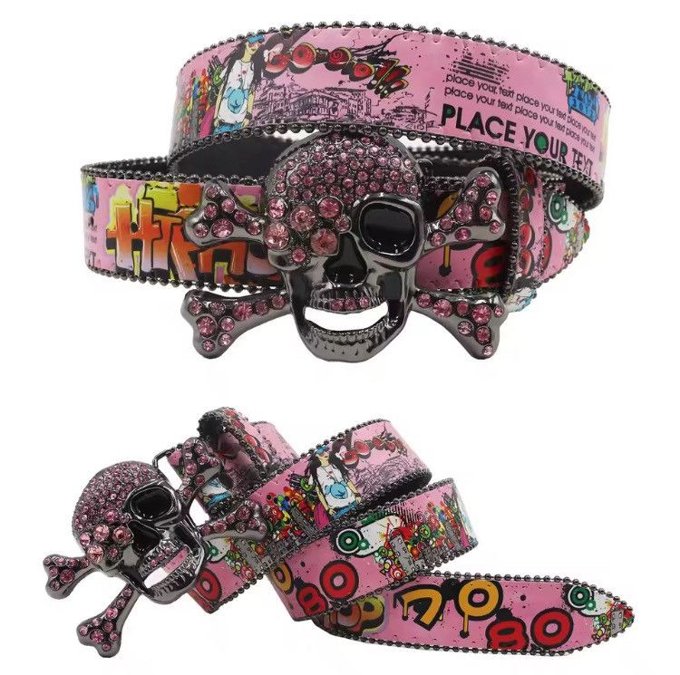 Japanese Brand 105 cm Colorful Skull & Crossbones PU Leather Belt Size ONE SIZE - 5 Thumbnail