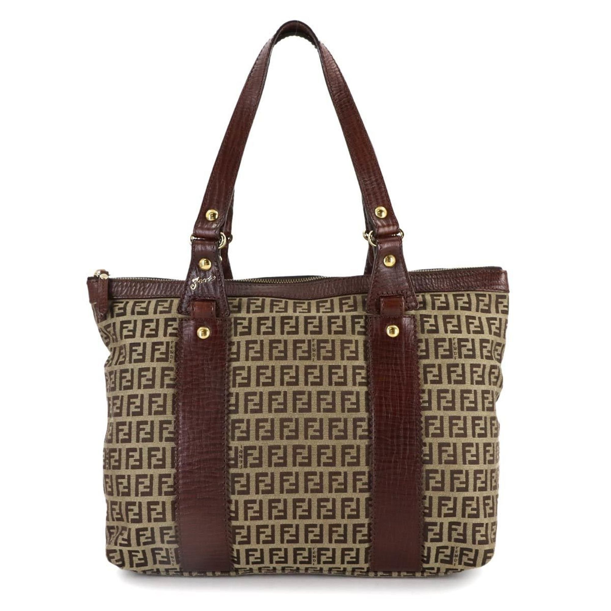 Fendi Zucchino Tote Handbag Canvas Leather Beige Brown Gold Hardware 8BH179