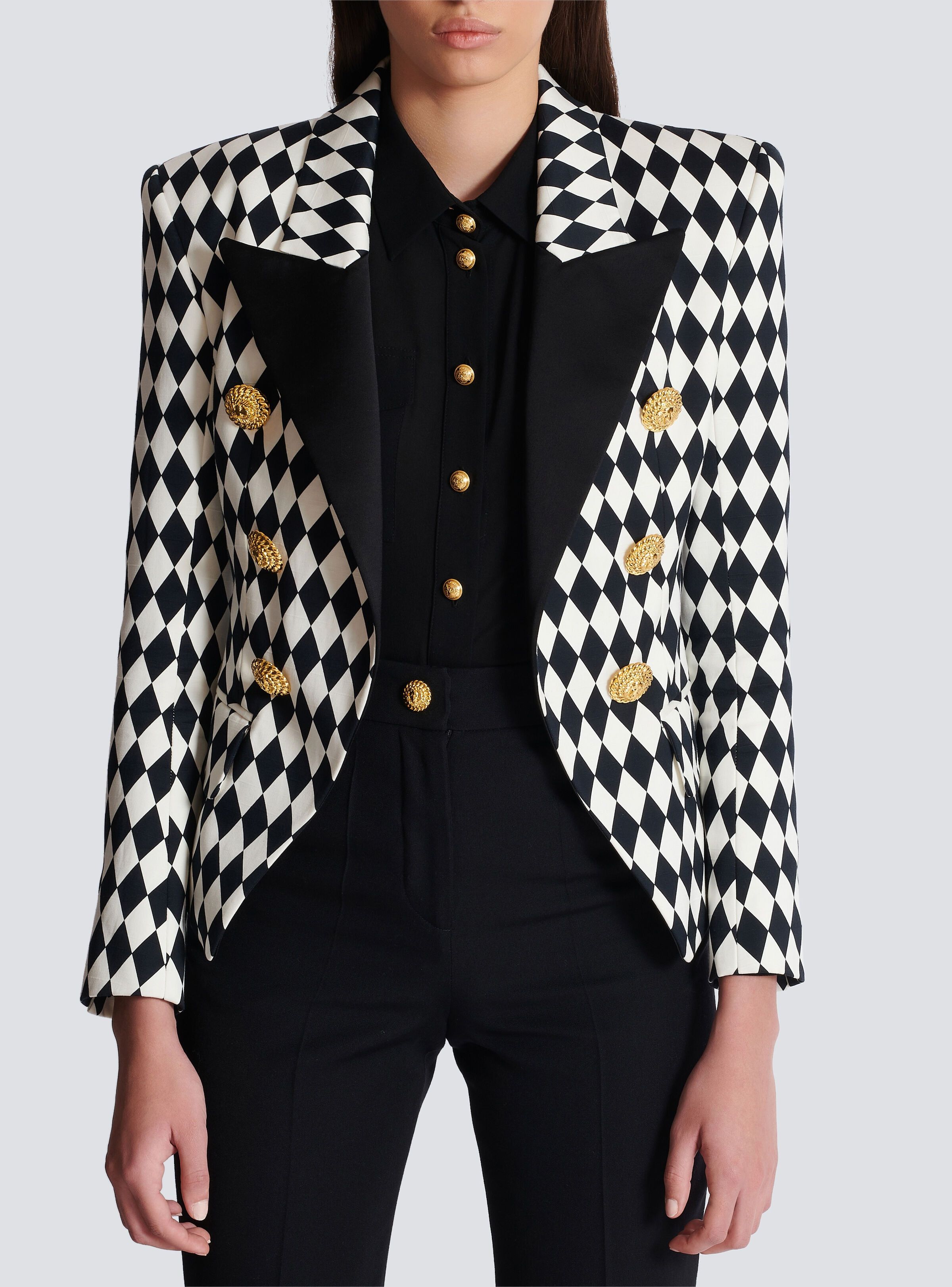 Balmain o1s1wg110825 Cotton Diamond Print Blazer in Black/White Size XL / US 12-14 / IT 48-50 - 2 Thumbnail