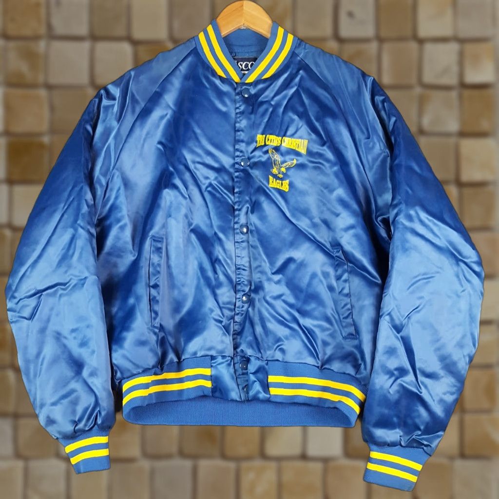 Vintage VINTAGE Nasco Windbreaker Jacket 80s 90s Satin Bomber Tri Cities Christian Eagles XL Navy Blue Logo Embroidered Full Zip Men's Jacket Size US XL / EU 56 / 4 - 1 Thumbnail