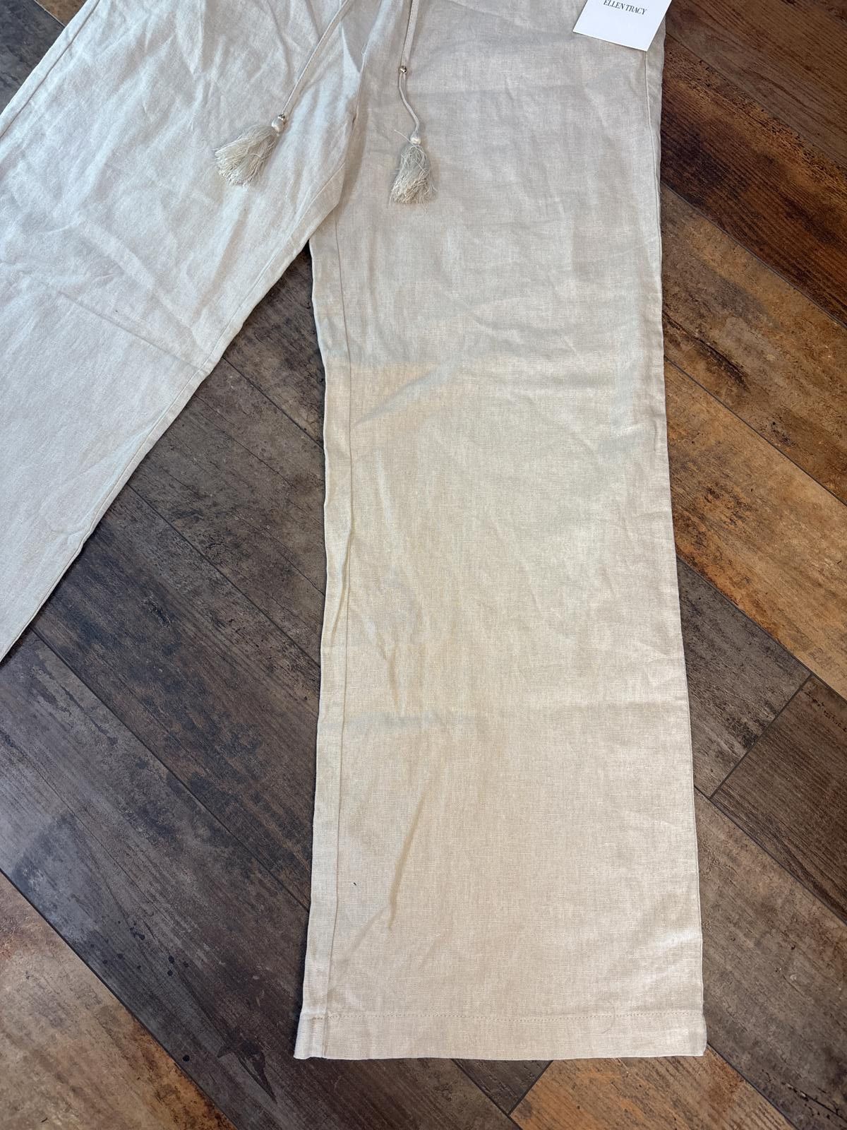 Other Ellen Tracy Beige Wide Leg Linen Pants with Drawstring Waist Size 32" / US 10 / IT 46 - 3 Thumbnail