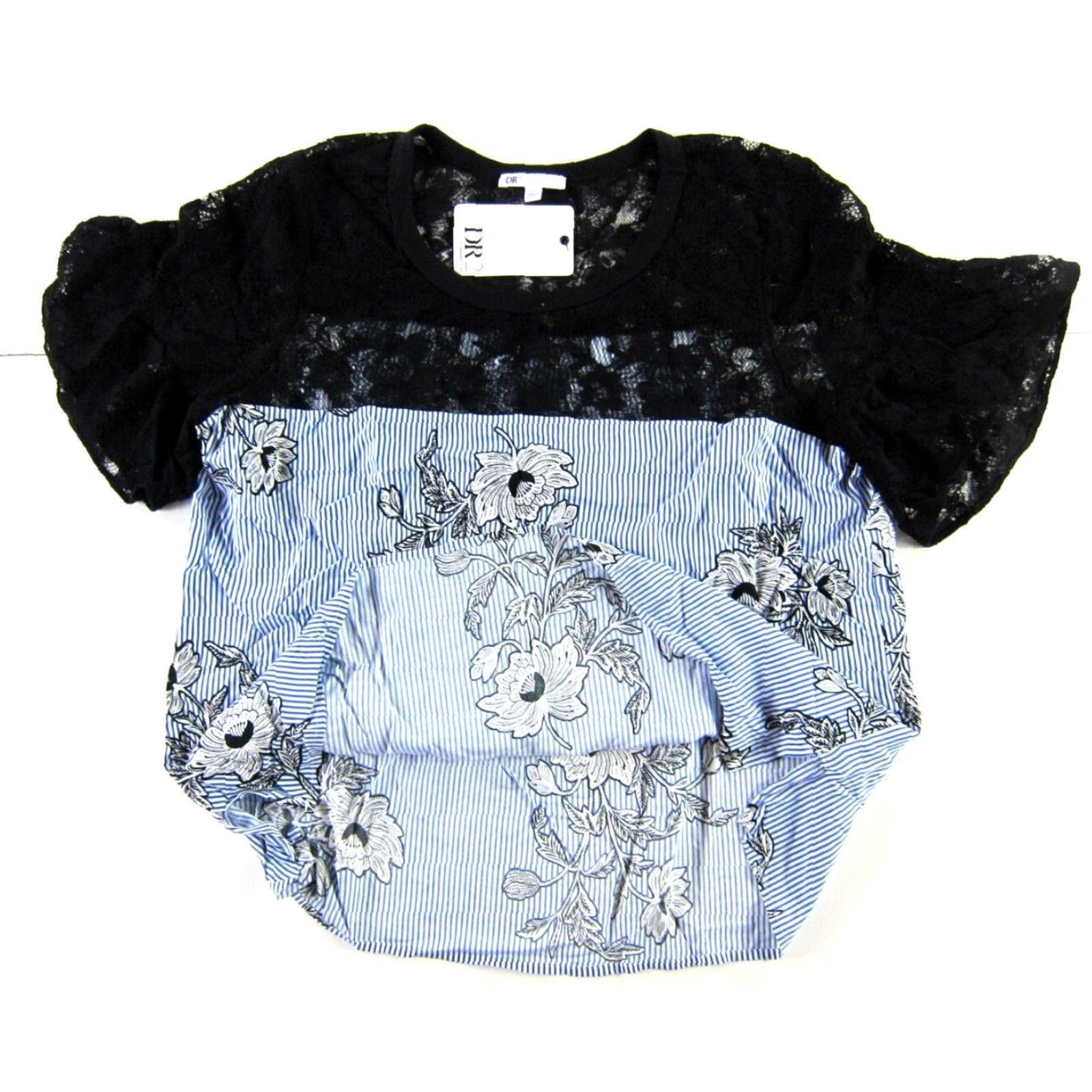 Vintage NWT Daniel Rainn Black Lace Floral Blue White Stripe Short Sleeve Blouse XL Size XL / US 12-14 / IT 48-50 - 4 Thumbnail