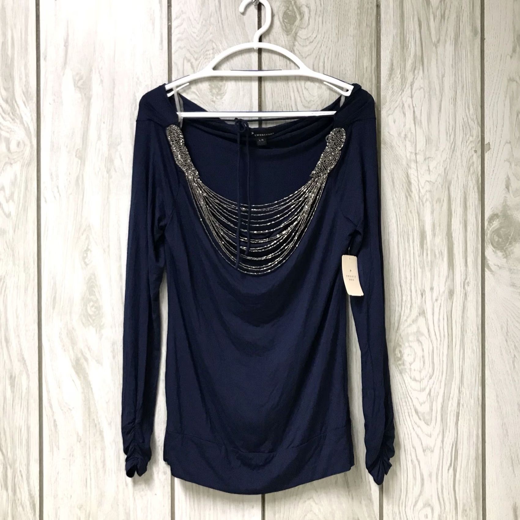 Vintage Twenty One Women Navy Blue Beaded Scoop Cowl Neck Long Sleeve Top Blouse L Size L / US 10 / IT 46 - 2 Thumbnail