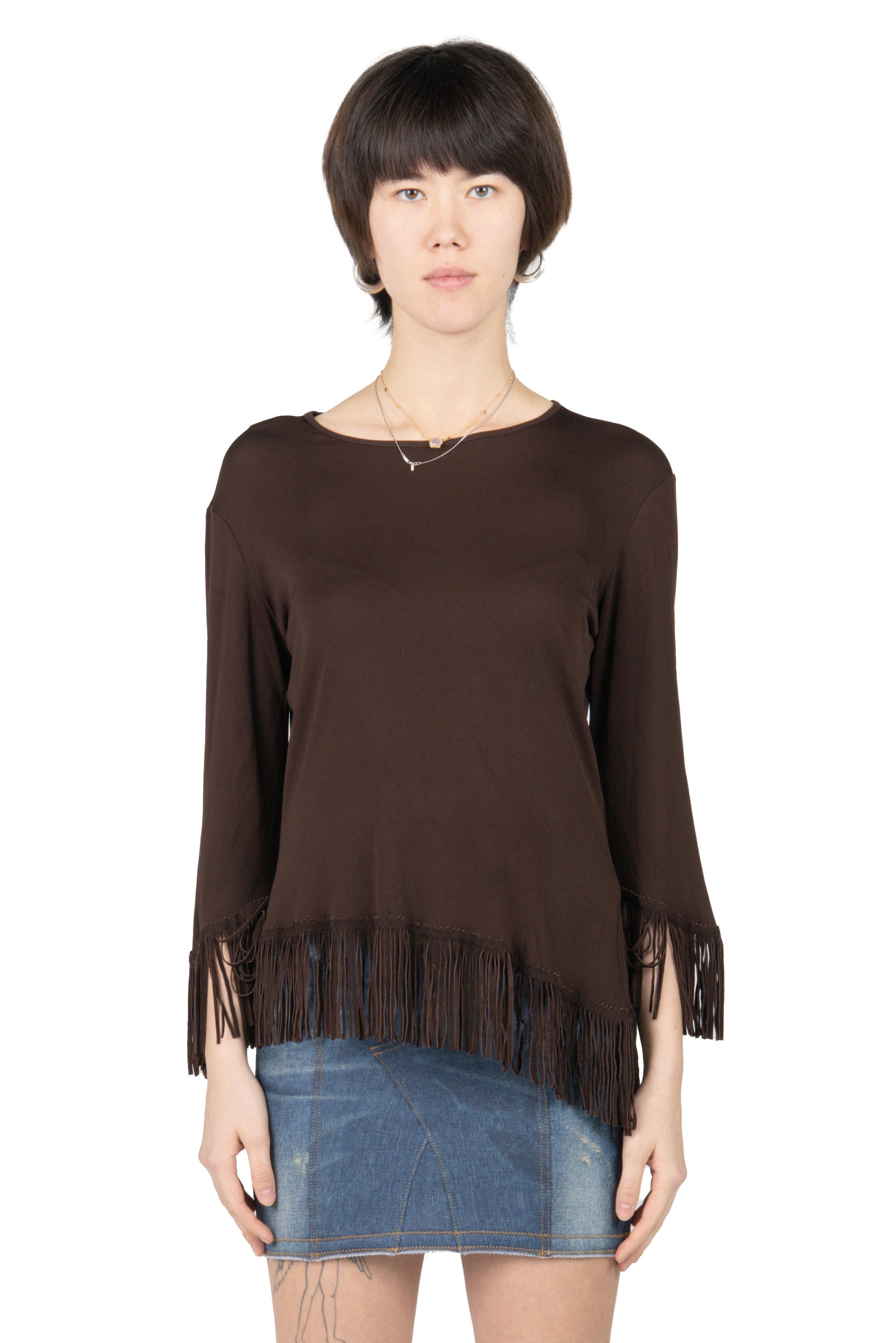 image of Jean Paul Gaultier Asymmetrical Brown Fringe Jersey Top, Women's (Size Large)
