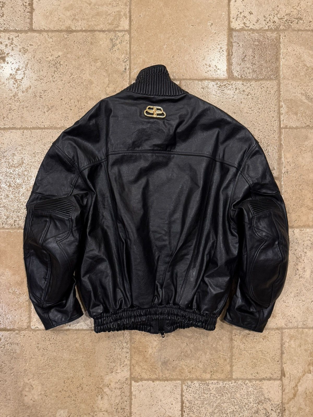 Balenciaga Leather Interlock Gold Logo Biker Bomber Jacket