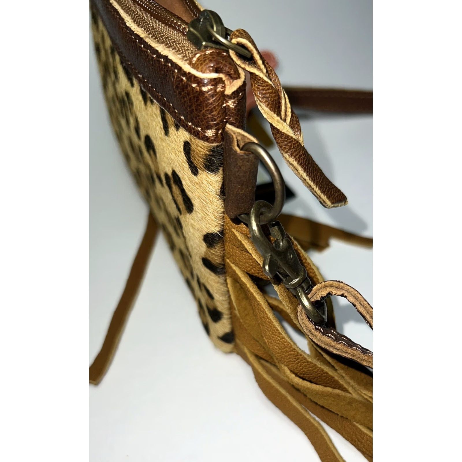 Vintage NWT American Darling Leopard Cowhide w/Fringe Bag Crossbody Purse Size ONE SIZE - 7 Thumbnail