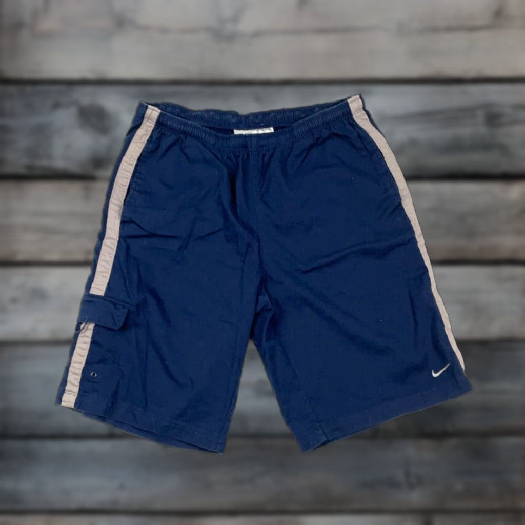 Nike Nike Cargo Shorts Men's L Blue Gray Striped Cotton Elastic Waist Drawstring Pockets Vintage 90s Size US 32 / EU 48 - 1 Thumbnail