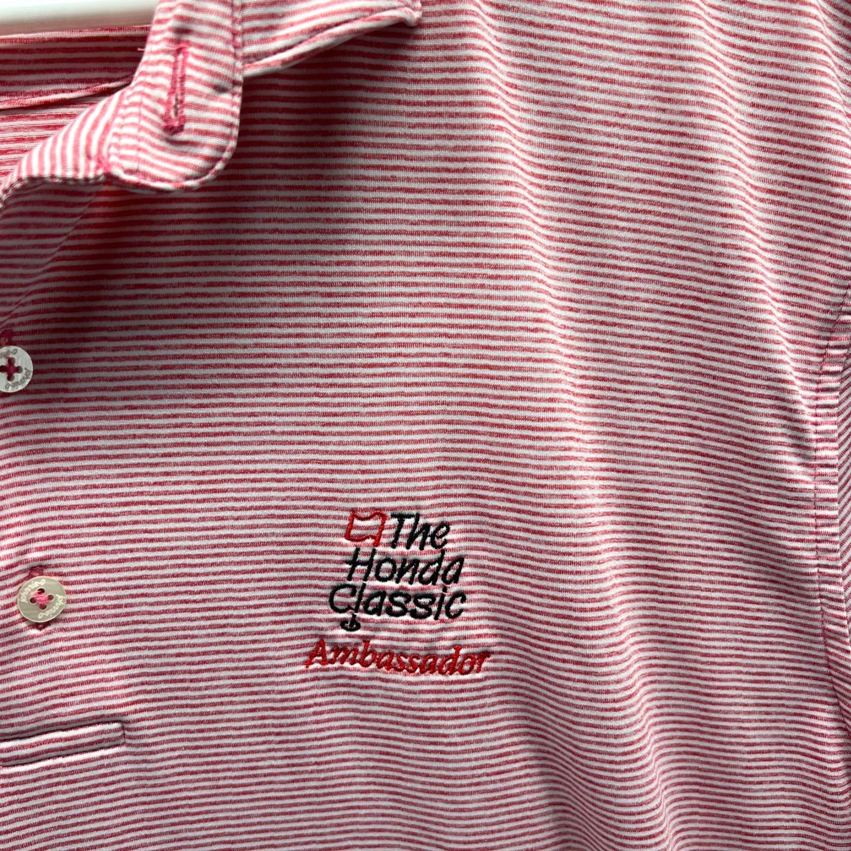johnnie-O VINTAGE Johnnie-O Polo Shirt Men Large Pink Striped The Honda Classic Lyndon Performance Polo Shirt Mens Large Pink Striped VINTAGE Size US L / EU 52-54 / 3 - 7 Thumbnail