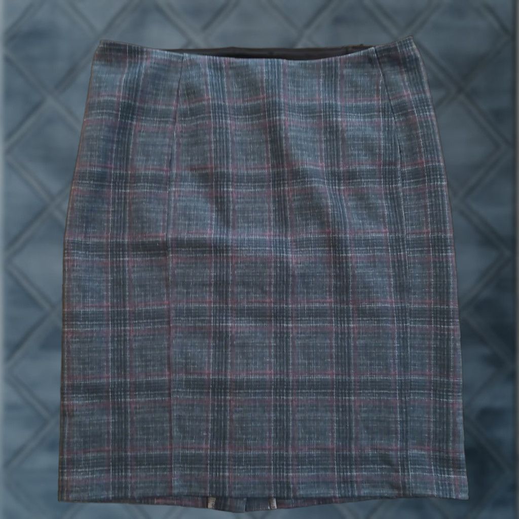 Vintage Liverpool Skirt Women Petite 10P Knee Length Plaid Elastic Waist Slit Blue Pink Pencil Chair? Size 32" / US 10 / IT 46 - 1 Thumbnail