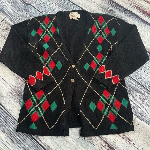 Other Vintage Christopher & Banks Black Cardigan with Red and Gree Size M / US 6-8 / IT 42-44 - 2 Thumbnail