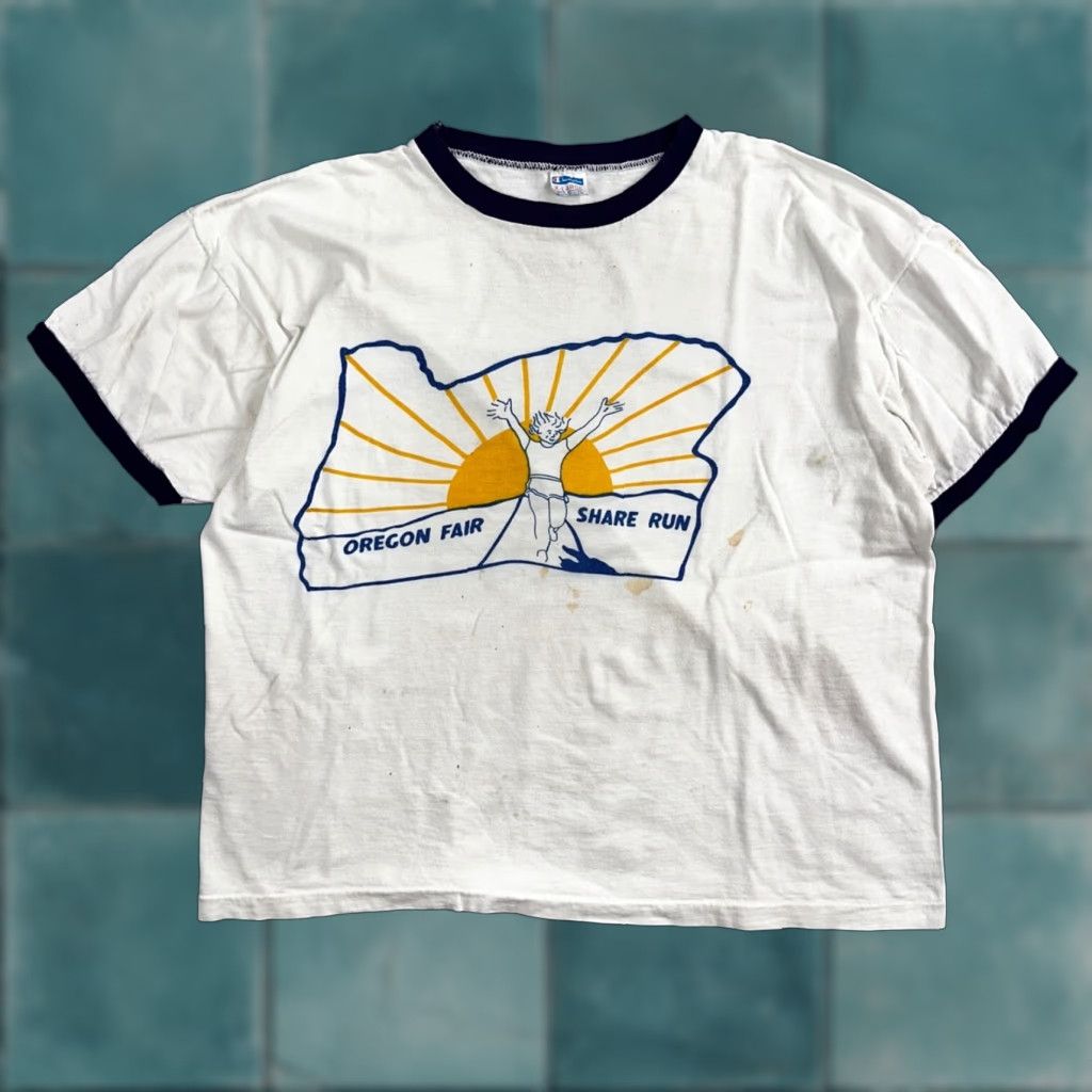 Champion VINTAGE Champion T-Shirt Men XL White 80s Ringer Fair Run Graphic All Seasons Size US XL / EU 56 / 4 - 1 Thumbnail