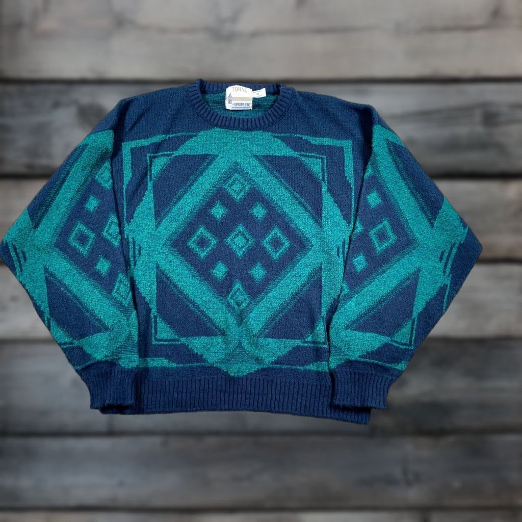 London Fog VINTAGE 90s Geometric Pattern London Fog Sweater Big 1X Dark Blue Green Lightweight Knit Mens Pullover Crew Neck Long Sleeve Casual Knitwear Size US XL / EU 56 / 4 - 1 Thumbnail
