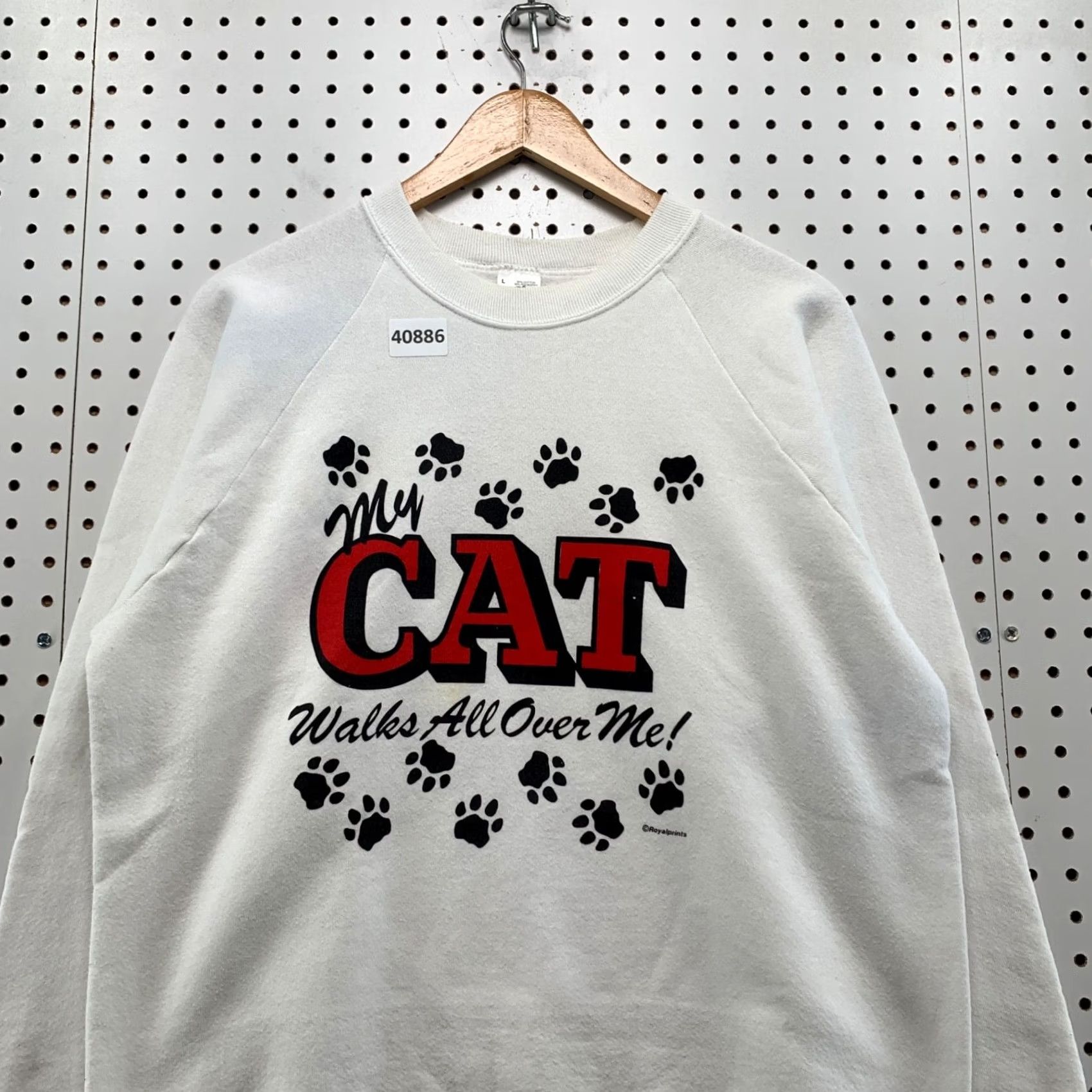 Fruit Of The Loom VINTAGE Nike Sweatshirt Mens L White 90s Cat Funny Paw Print (Walks Over Me) Size US L / EU 52-54 / 3 - 4 Thumbnail