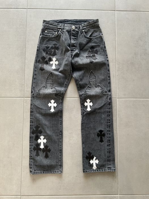 Jean évasé Noir Chrome Hearts Fleur Genou - Taille 27, Vintage Y2K, Très Bon état